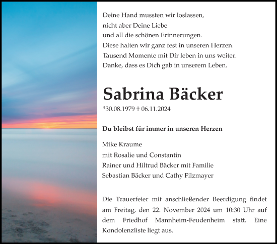 Traueranzeige von Sabrina Bäcker von Mannheimer Morgen