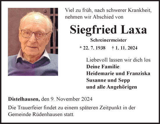 Traueranzeige von Siegfried Laxa von Fränkische Nachrichten