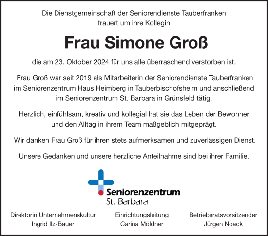 Traueranzeige von Simone Groß von Fränkische Nachrichten