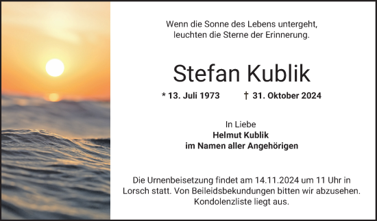 Traueranzeige von Stefan Kublik von Bergsträßer Anzeiger