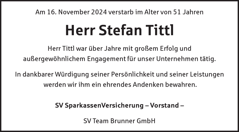  Traueranzeige für Stefan Tittl vom 23.11.2024 aus Fränkische Nachrichten