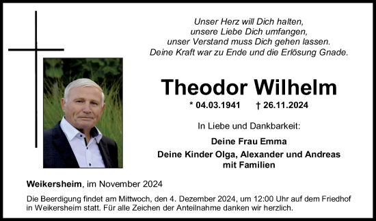 Traueranzeige von Theodor Wilhelm von Fränkische Nachrichten