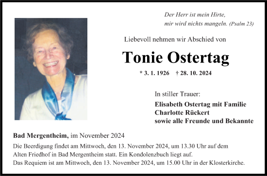 Traueranzeige von Tonie Ostertag von Fränkische Nachrichten