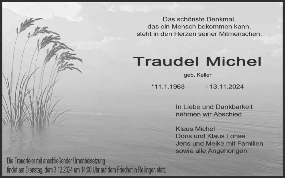  Traueranzeige für Traudel Michel vom 23.11.2024 aus Schwetzinger Zeitung