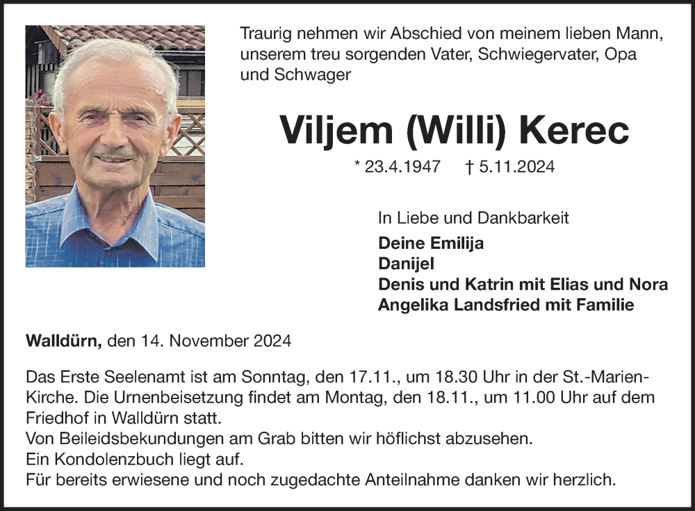  Traueranzeige für Viljem  Kerec vom 14.11.2024 aus Fränkische Nachrichten