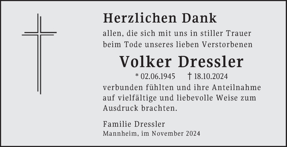  Traueranzeige für Volker Dressler vom 09.11.2024 aus Mannheimer Morgen