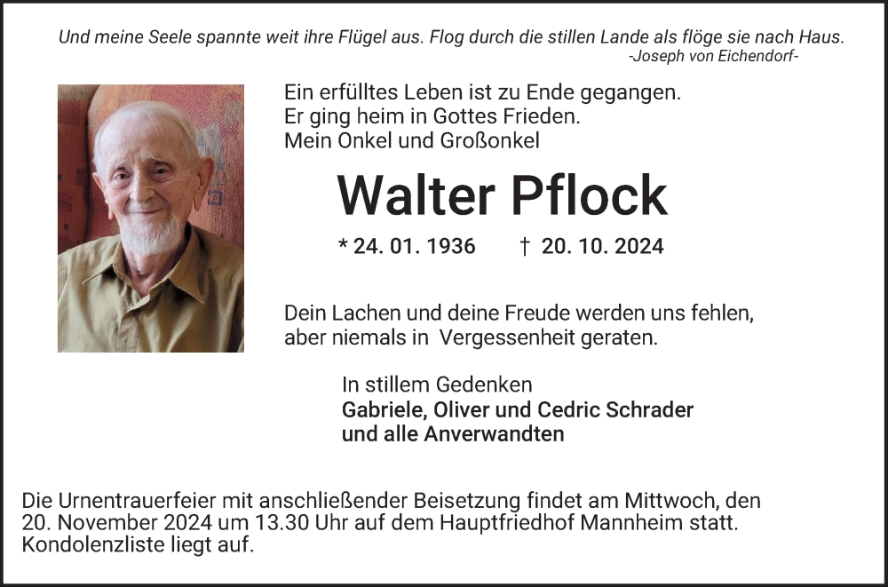  Traueranzeige für Walter Pflock vom 16.11.2024 aus Mannheimer Morgen
