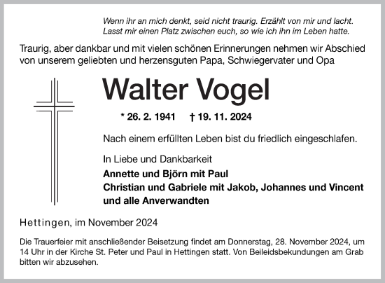 Traueranzeige von Walter Vogel von Fränkische Nachrichten