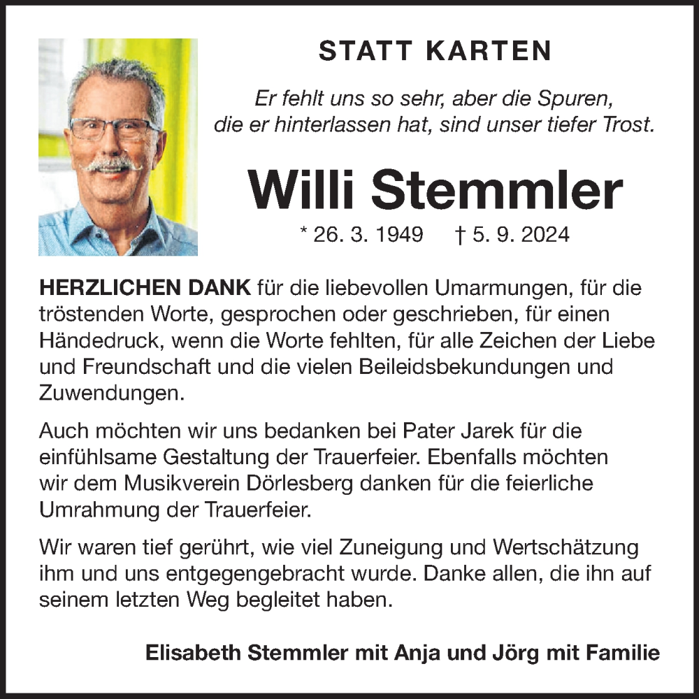  Traueranzeige für Willi Stemmler vom 23.11.2024 aus Fränkische Nachrichten