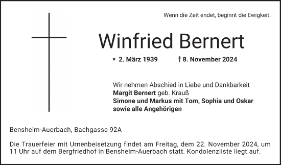 Traueranzeige von Winfried Bernert von Bergsträßer Anzeiger