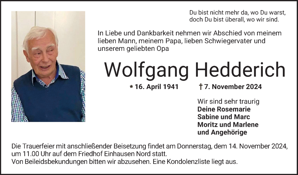  Traueranzeige für Wolfgang Hedderich vom 12.11.2024 aus Bergsträßer Anzeiger