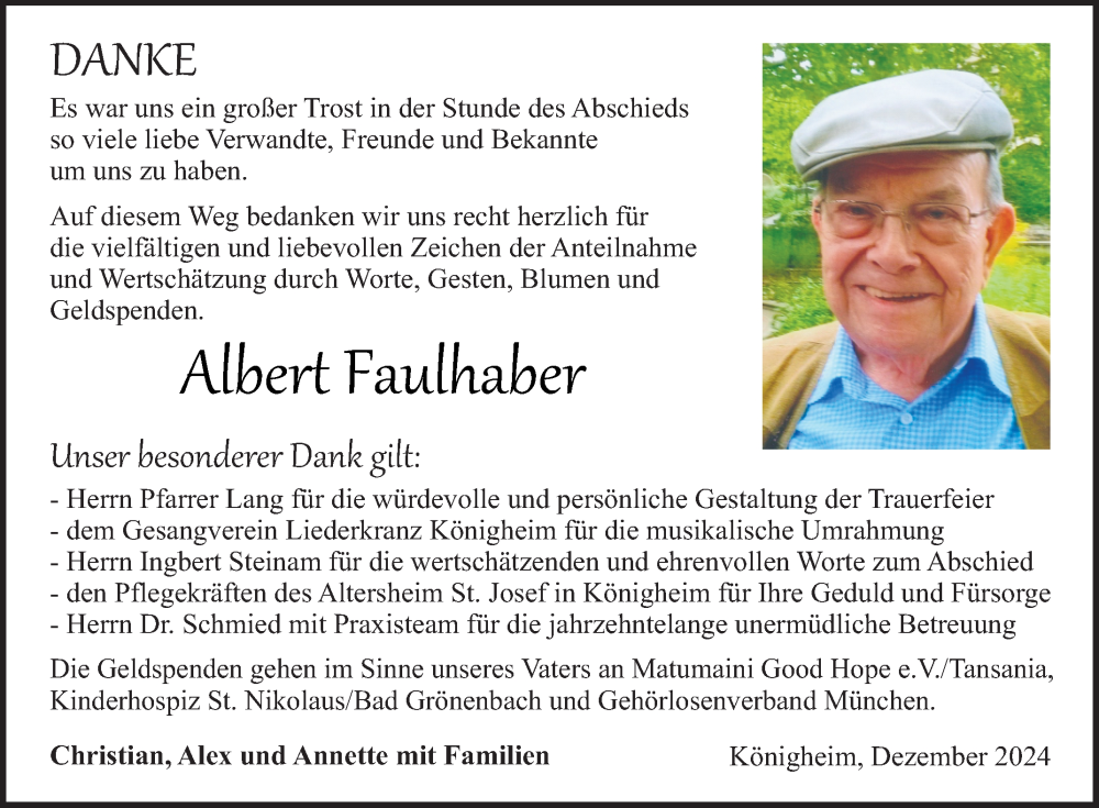  Traueranzeige für Albert Faulhaber vom 21.12.2024 aus Fränkische Nachrichten