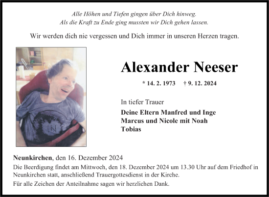 Traueranzeige von Alexander Neeser von Fränkische Nachrichten