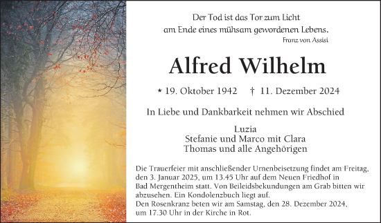 Traueranzeige von Alfred Wilhelm von Fränkische Nachrichten