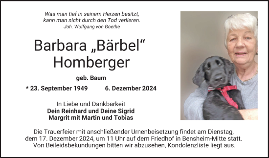 Traueranzeige von Barbara Homberger von Bergsträßer Anzeiger