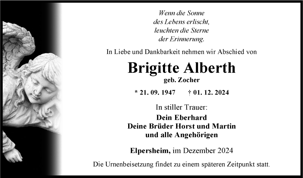  Traueranzeige für Brigitte Alberth vom 07.12.2024 aus Fränkische Nachrichten