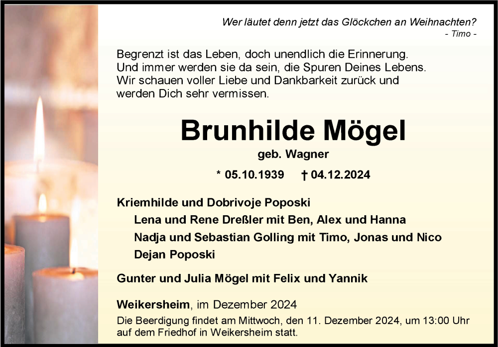  Traueranzeige für Brunhilde Mögel vom 07.12.2024 aus Fränkische Nachrichten