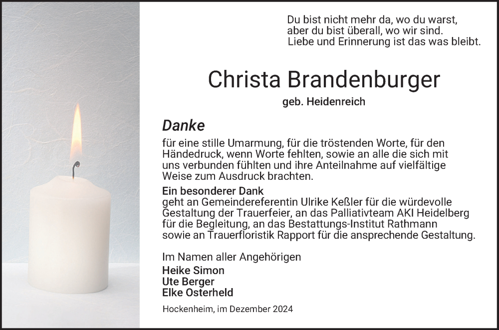  Traueranzeige für Christa Brandenburger vom 21.12.2024 aus Schwetzinger Zeitung