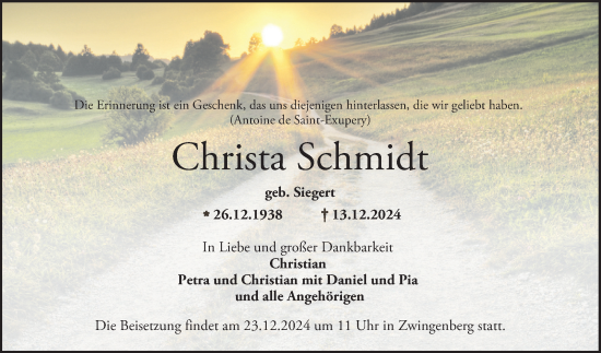 Traueranzeige von Christa Schmidt von Bergsträßer Anzeiger