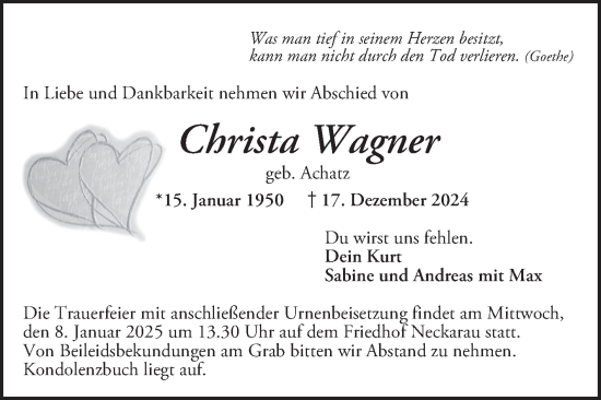 Traueranzeige von Christa Wagner von Mannheimer Morgen