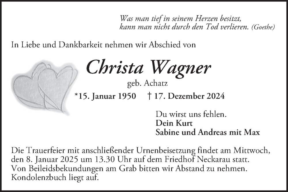  Traueranzeige für Christa Wagner vom 28.12.2024 aus Mannheimer Morgen