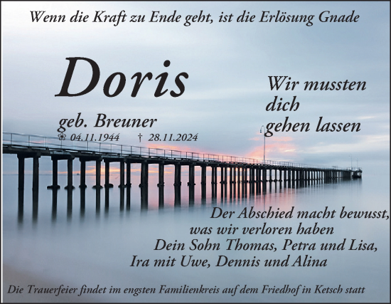 Traueranzeige von Doris Breuner von Schwetzinger Zeitung