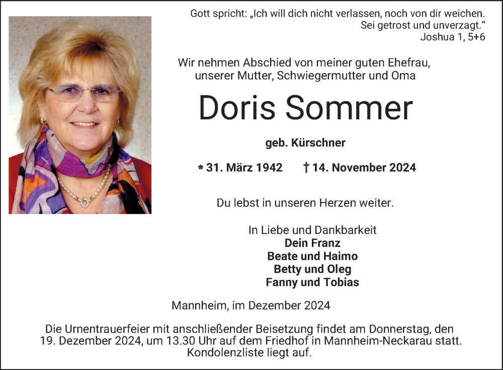  Traueranzeige für Doris Sommer vom 14.12.2024 aus Mannheimer Morgen