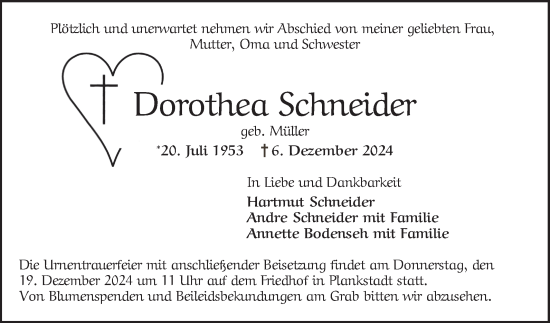 Traueranzeige von Dorothea Schneider von Schwetzinger Zeitung