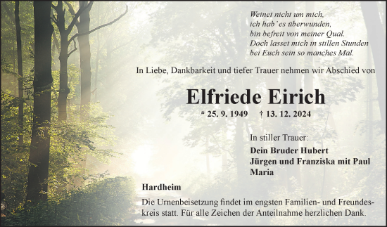 Traueranzeige von Elfriede Eirich von Fränkische Nachrichten