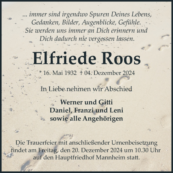 Traueranzeige von Elfriede Roos von Mannheimer Morgen