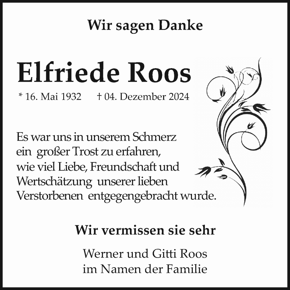  Traueranzeige für Elfriede Roos vom 28.12.2024 aus Mannheimer Morgen