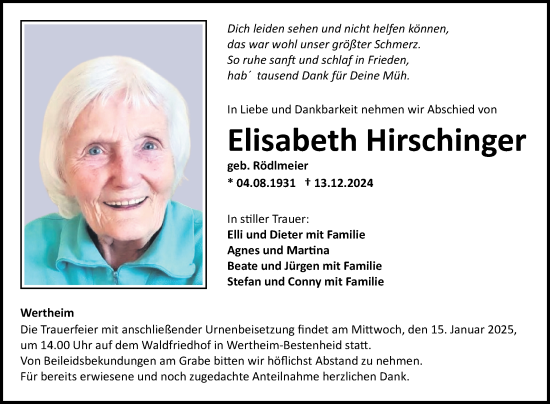 Traueranzeige von Elisabeth Hirschinger von Fränkische Nachrichten