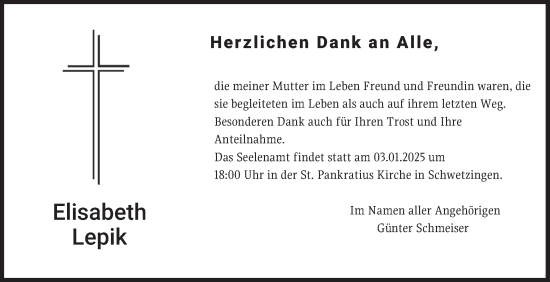 Traueranzeige von Elisabeth Lepik von Schwetzinger Zeitung