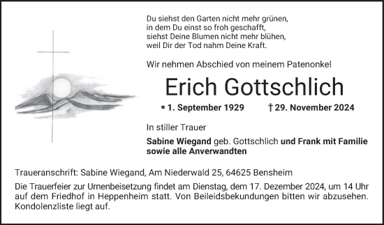 Traueranzeige von Erich Gottschlich von Bergsträßer Anzeiger