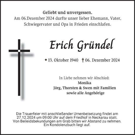 Traueranzeige von Erich Gründel von Mannheimer Morgen