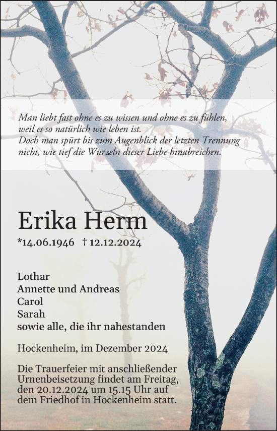 Traueranzeige von Erika Herm von Schwetzinger Zeitung