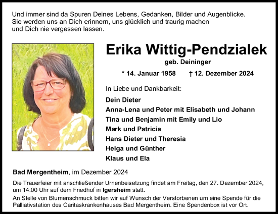 Traueranzeige von Erika Wittig-Pendzialek von Fränkische Nachrichten