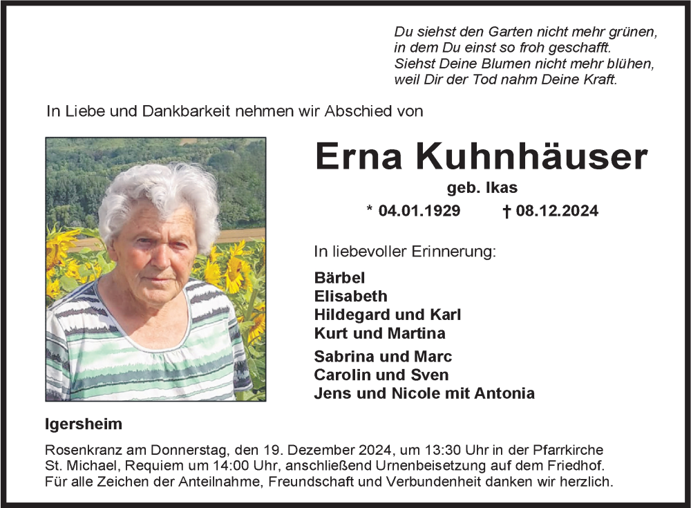  Traueranzeige für Erna Kuhnhäuser vom 14.12.2024 aus Fränkische Nachrichten