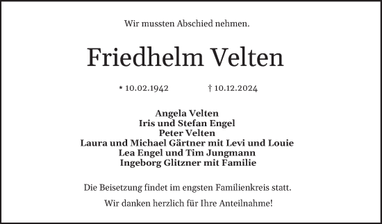 Traueranzeige von Friedhelm Velten von Bergsträßer Anzeiger