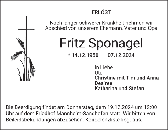 Traueranzeige von Fritz Sponagel von Mannheimer Morgen