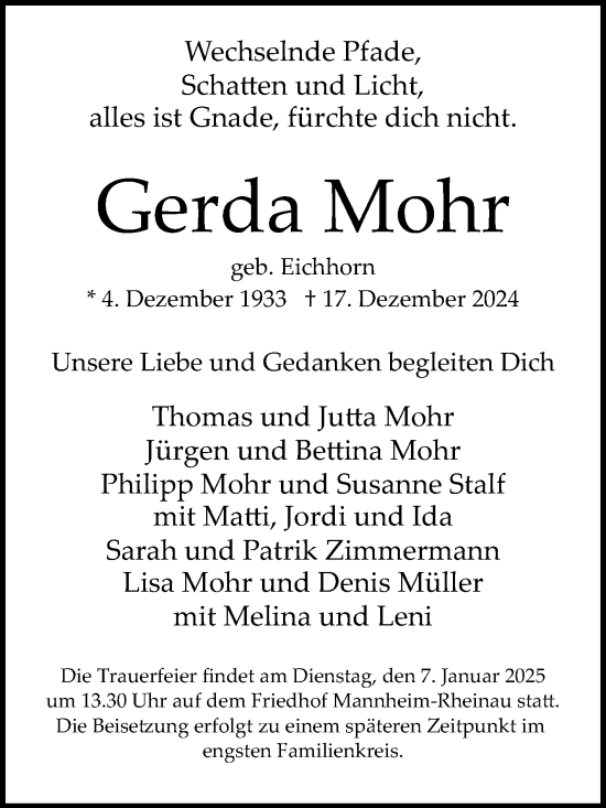 Traueranzeige von Gerda Mohr von Mannheimer Morgen