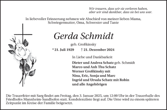 Traueranzeige von Gerda Schmidt von Mannheimer Morgen