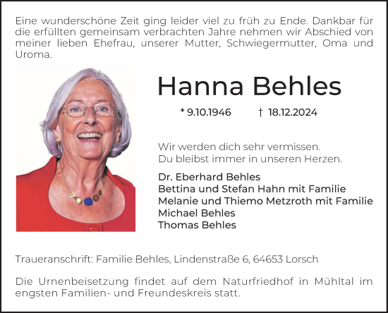 Traueranzeige von Hanna Behles von Bergsträßer Anzeiger