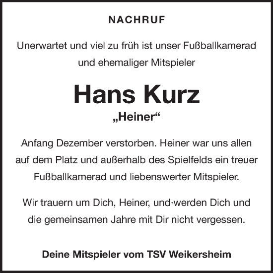 Traueranzeige von Hans Kurz von Fränkische Nachrichten