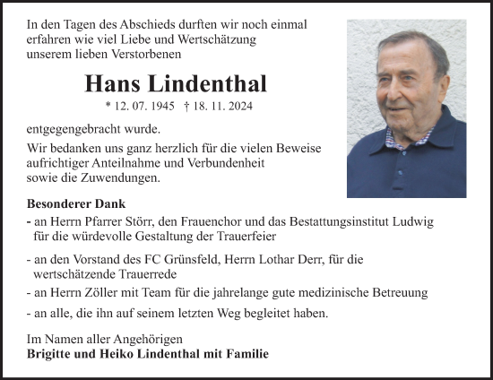 Traueranzeige von Hans Lindenthal von Fränkische Nachrichten