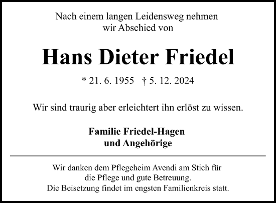 Traueranzeige von Hans Dieter Friedel von Mannheimer Morgen