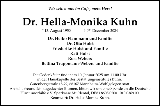 Traueranzeige von Hella-Monika Kuhn von Mannheimer Morgen