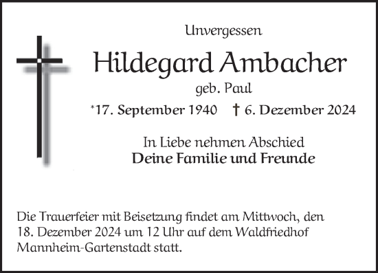 Traueranzeige von Hildegard Ambacher von Mannheimer Morgen