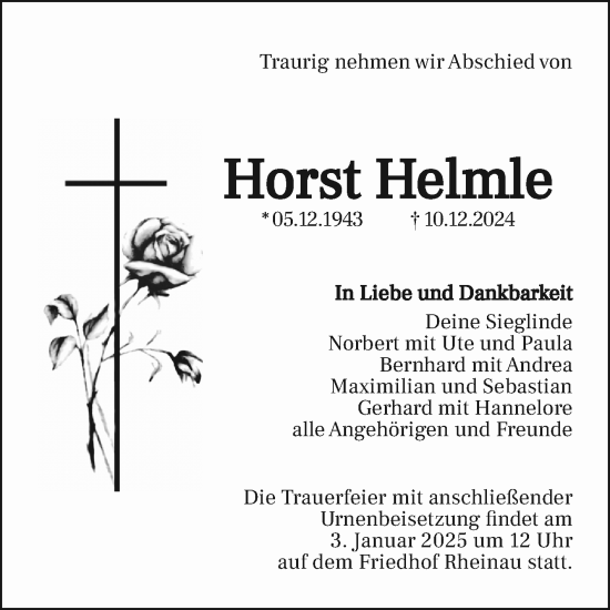 Traueranzeige von Horst Helmle von Mannheimer Morgen