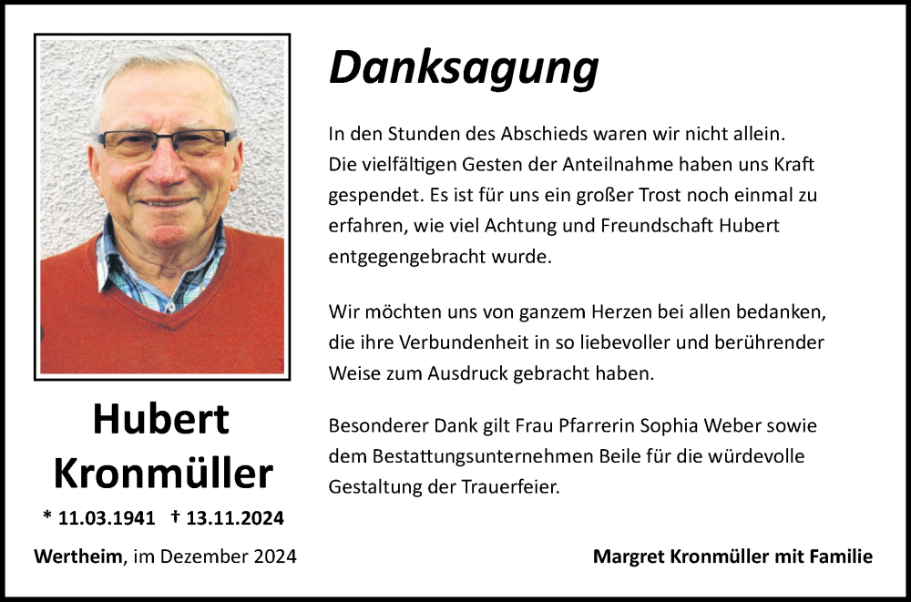  Traueranzeige für Hubert Kronmüller vom 05.12.2024 aus Fränkische Nachrichten